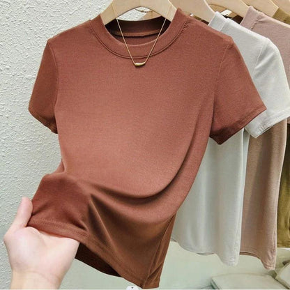 Crew Neck Fashion Women T Shirt Street Casual T-Shirt Solid Plus Size Top Tees Sexy Slim Summer Short Sleeve Women's Clothing