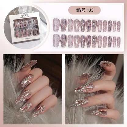 24Pcs Pink Full Diamond Press on Nail Tips Handmade 3D Design Rhinestones Full Cover False Long Coffin Nail Woman DIY Fake Nails