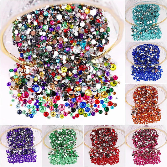 Mixed Size 2000pcs Round Non Hotfix Glitter Bling Manicure Strass Flatback Resin Rhinestones Glue On Beads Nailart Nail Gems Diy