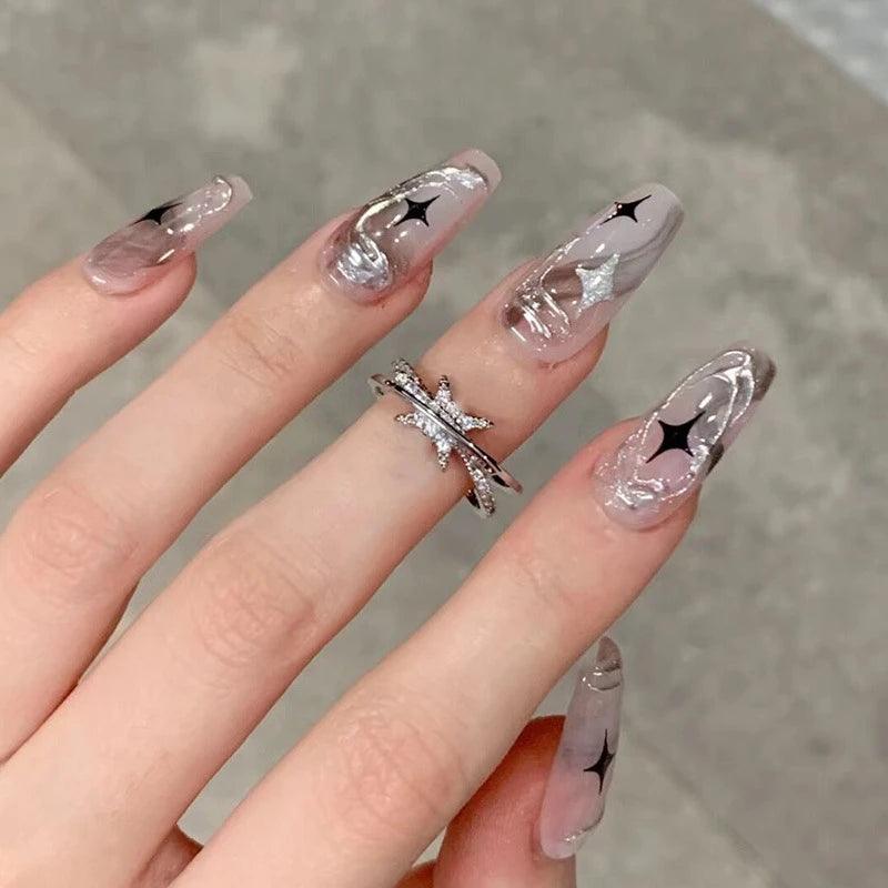 Y2K Black White Star Artificial Fake Nails Full Cover Short False Nail Removable Press on Nails for Women Girls DIY Manicure Art