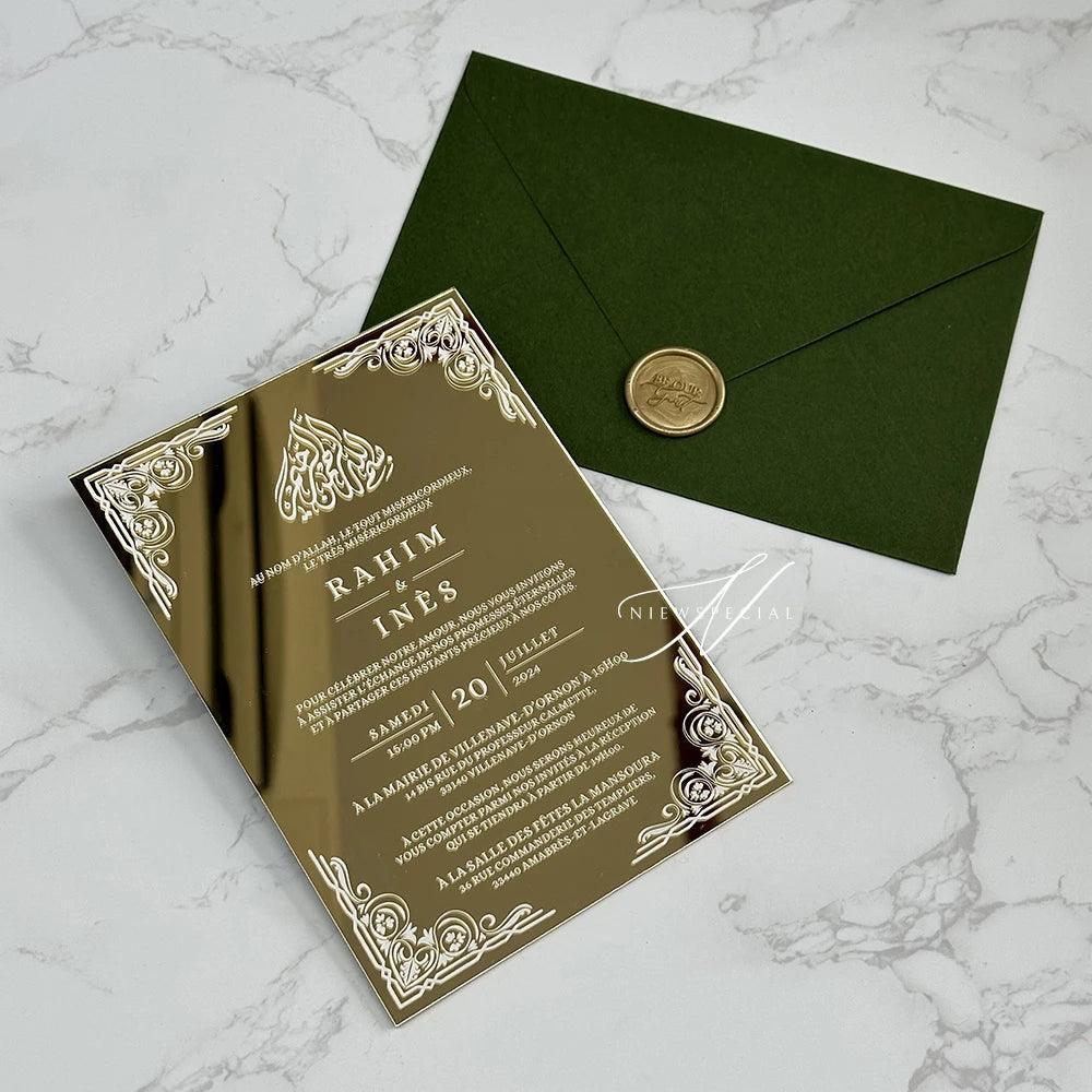 Mirror Acrylic Wedding Invitation, Gold/ Silver/ Rose Gold/ Brown Mirror, Custom Design Invites with Envelope, Noble and Elegant