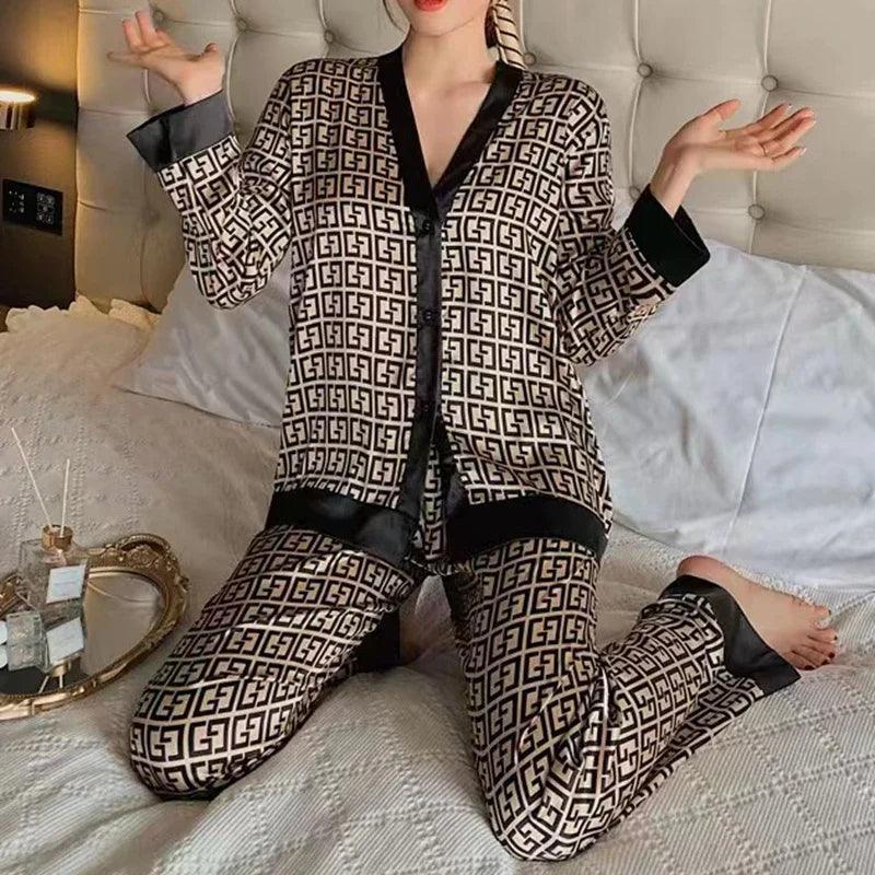 Ladies Pajamas Spring Autumn Faux Silk Pajama Sets Long Sleeve Cardigan Sleepwear Luxury Women's Pijamas Fashion Pyjamas