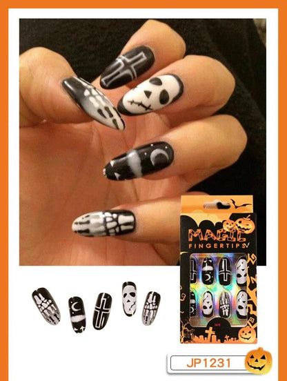 24pc/set Fashion Almond Press On Nails Art Halloween Black Ghost Design Fake Nail Pumpkin Castle Pattern Glossy False Nails Tips