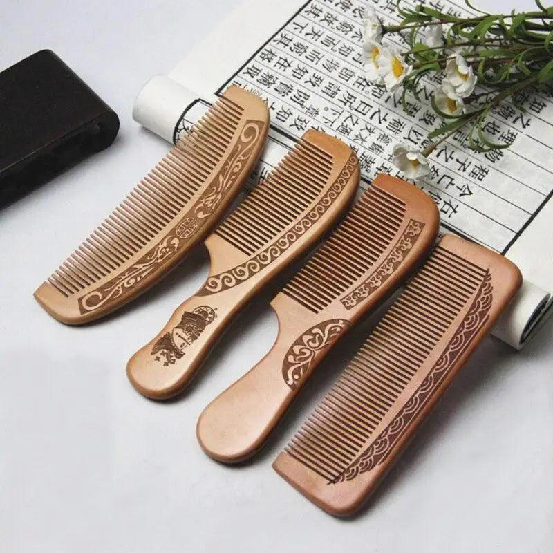 Natural Carved Peach Wood Comb Thickened Wood Comb Curly Massage Hair Comb Anti-static Sandalwood Hairdressing Hair Styling Tool