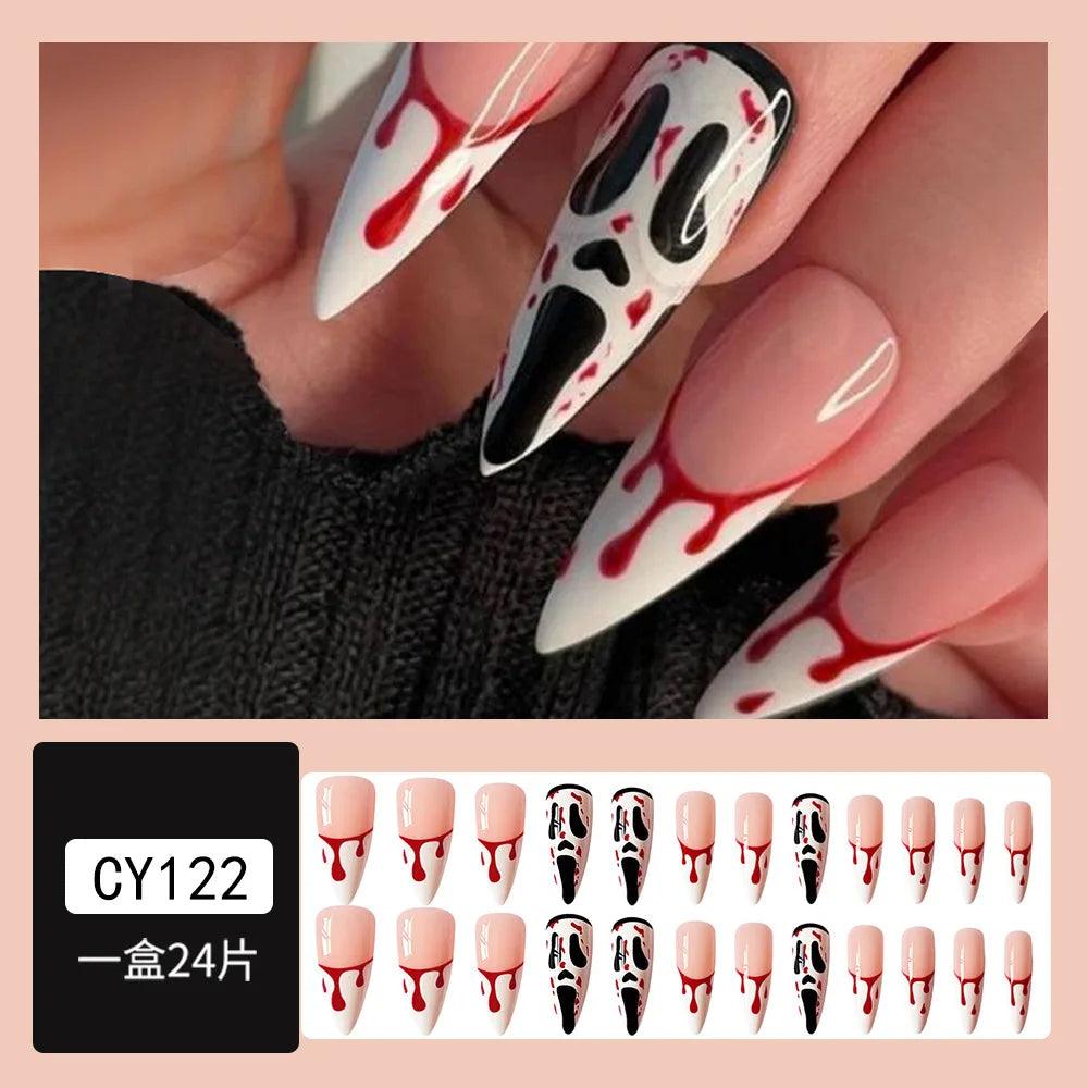 24pc/set Fashion Almond Press On Nails Art Halloween Black Ghost Design Fake Nail Pumpkin Castle Pattern Glossy False Nails Tips