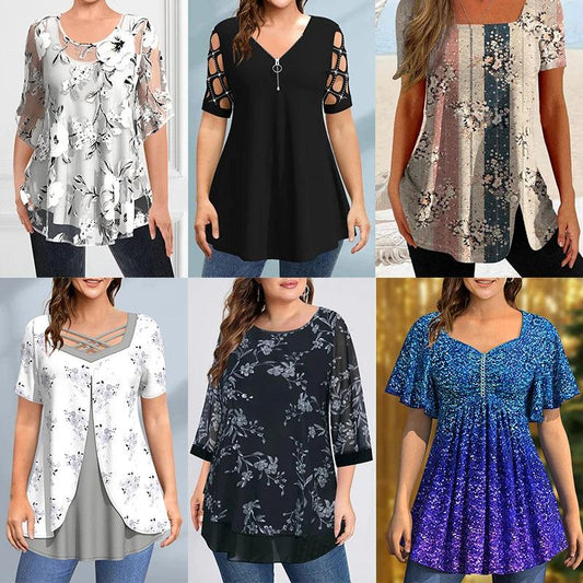 Plus Size Dressy White Black Chiffon See-Through Floral Print Half Sleeve Blouse Round Neck Tops