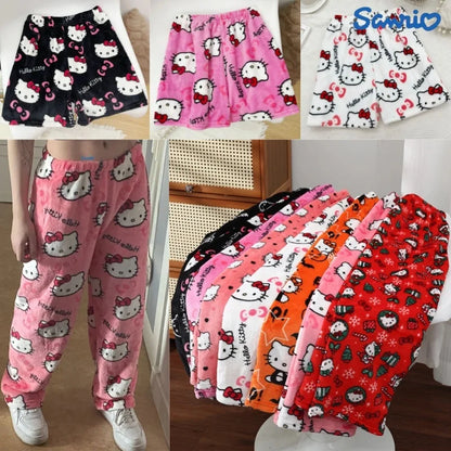 Sanrio Hello Kitty Y2k Kawaii Anime Flannel Pajamas Women'S Warm Woolen Cartoon Casual Home Pants Autumn Winter Fashion Trousers