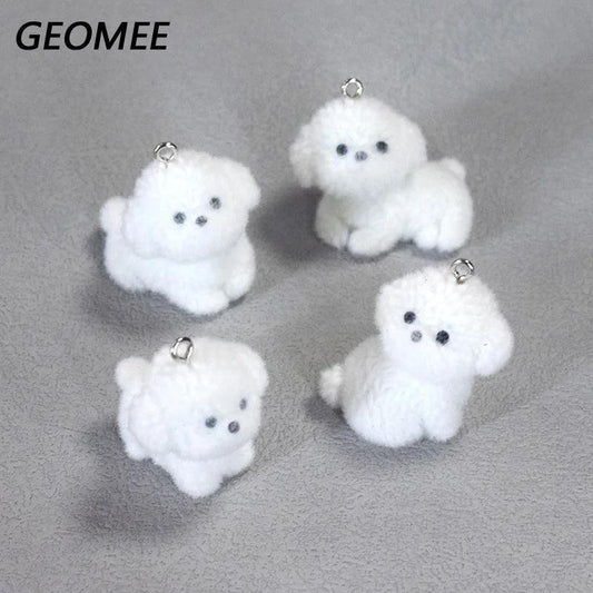 2/4pcs Kawaii Fluffy White Puppy Dog Resin Charms 3d Frise Animal Pendant For Necklace Keychains Diy Jewelry Make