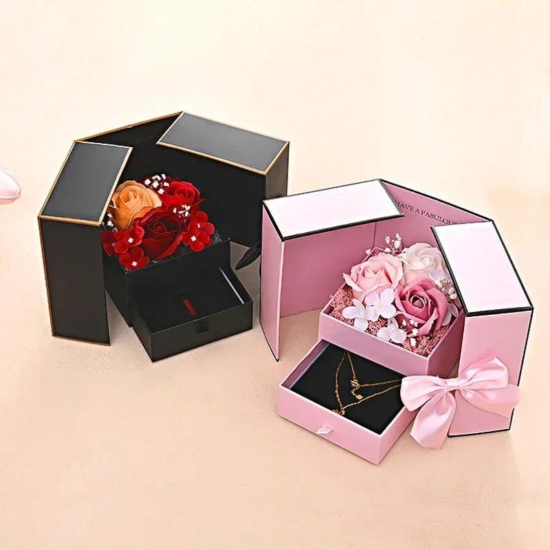 Eternal Soap Rose Flower Gift Box with Drawer Design Necklace Jewelry Packaging Double Door Boxes Wedding Valentine's Day Decor