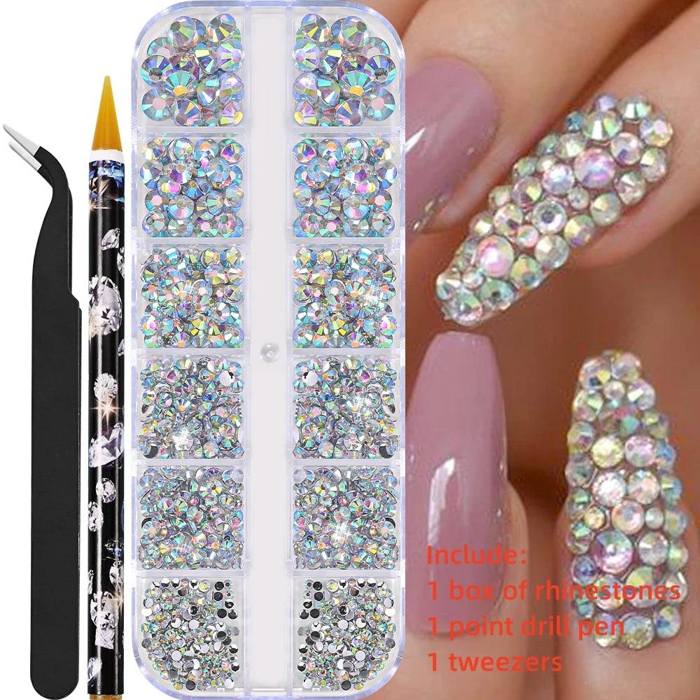 12Gird 3D Glass AB Crystal Nail Art Rhinestones Kit Flatback Round Bead Charm Gem Stones Jewelry Diamond with Tools for Nail Art