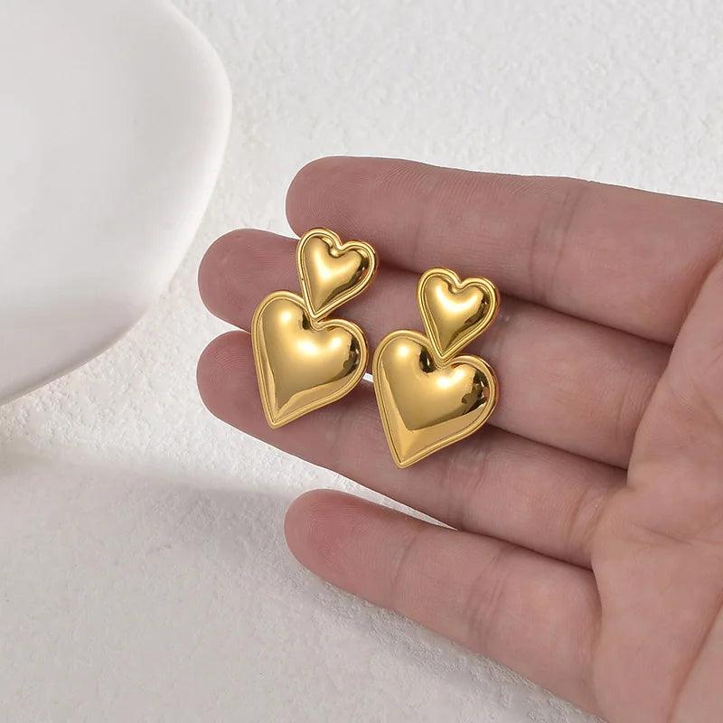 Vintage 18K Gold Plated Stainless Steel Double Heart Shaped Drop Earrings for Women Fashion Jewelry Gift