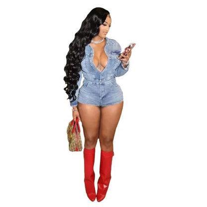 2024 Spring Women Denim Playsuits High Stretch Pockets Turn Down Collar Long Sleeve Single Breasted Shorts Rompers Jeans Overall