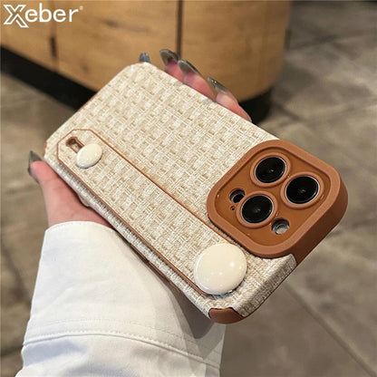 Luxury Weave Pattern Wrist Strap Holder Stand Case For iPhone 15 Pro Max 14 13 12 11 Silicone Camera Protection Shockproof Cover