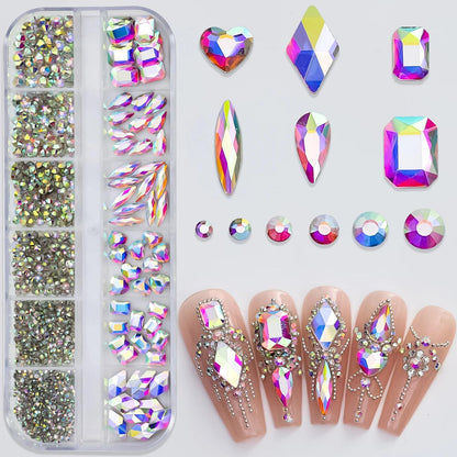 12Grids Pink Mixed Nail Rhinestones Luxury Nail Charms Glitter Crystal Jewelry Gems Nail Art Decoration Manicure Rhinestones R#Q