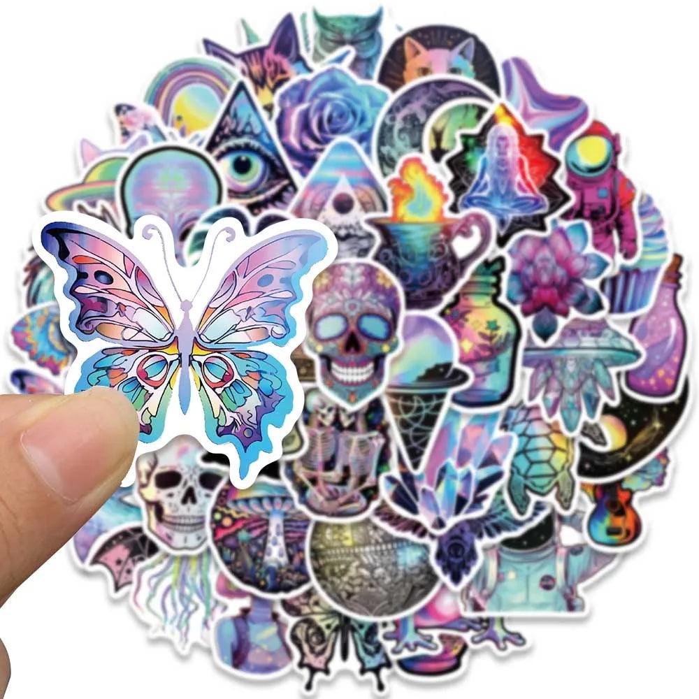 50pcs Cool Cartoon Laser Holographic Trippy Skull Stickers For Laptop Phone Guitar Luggage Diary Waterproof Graffiti Decals