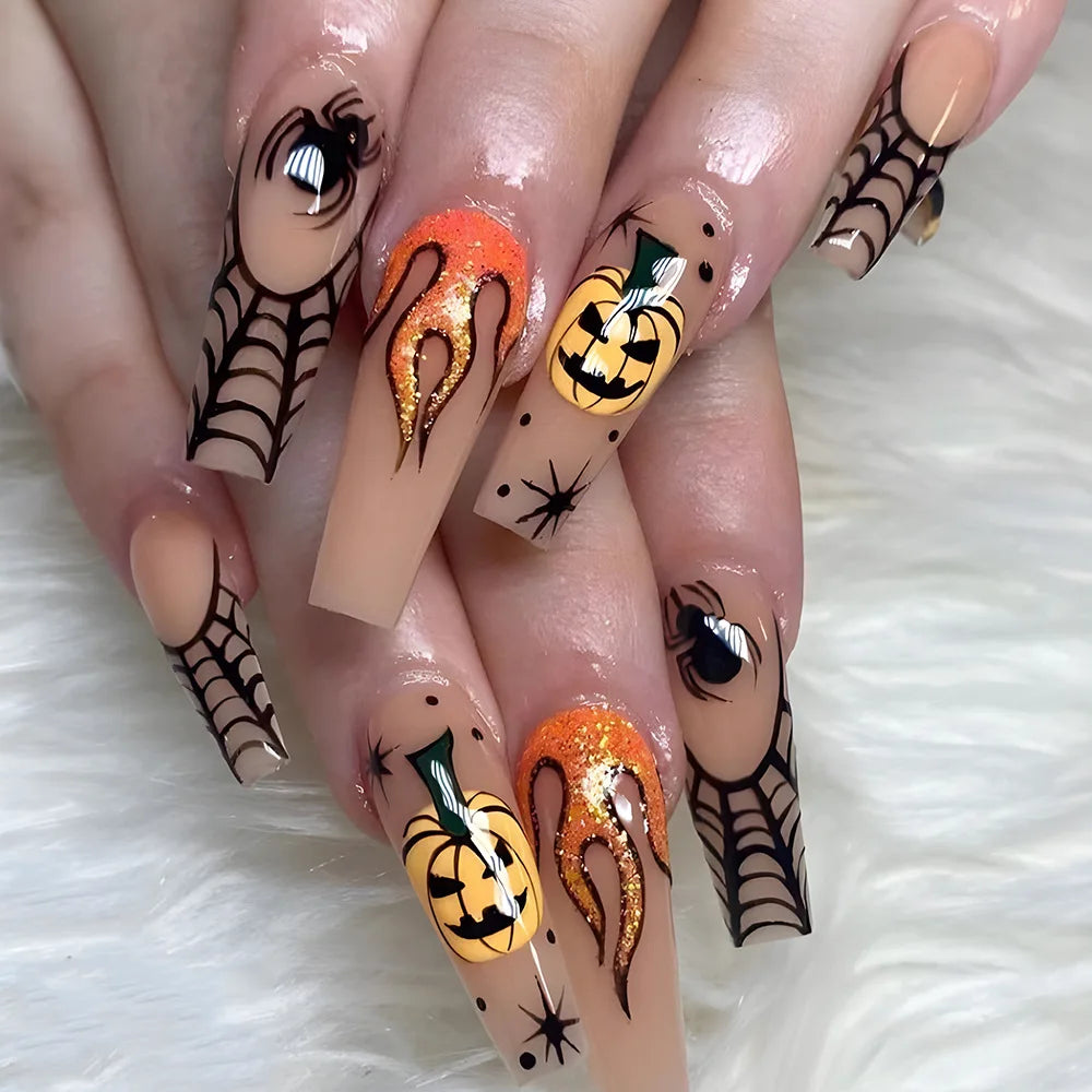 24pcs Halloween Spider Fake Nail Patch Printed French Coffin Ballet Fake Nail Wearable Full Cover Artificial Nail Tips for Girls