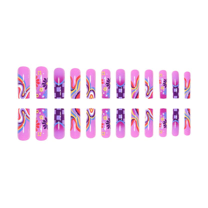 24 Long Coffins with Purple Flower Patterns ABS Full Gloss Fake Nails&1 Nail File and 1 Piece of Jelly Glue