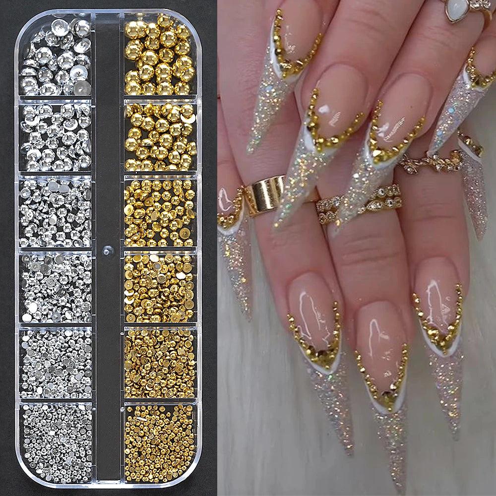 12Gird 3D Glass AB Crystal Nail Art Rhinestones Kit Flatback Round Bead Charm Gem Stones Jewelry Diamond with Tools for Nail Art