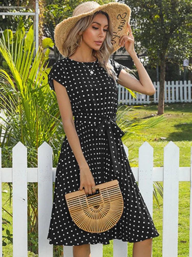 2022 New Summer Polka Dots Sleeveless Pleated Dresses For Women High Waist Midi Elegant Office Green Lady Dinner Party Clothes - HighGloss Shop