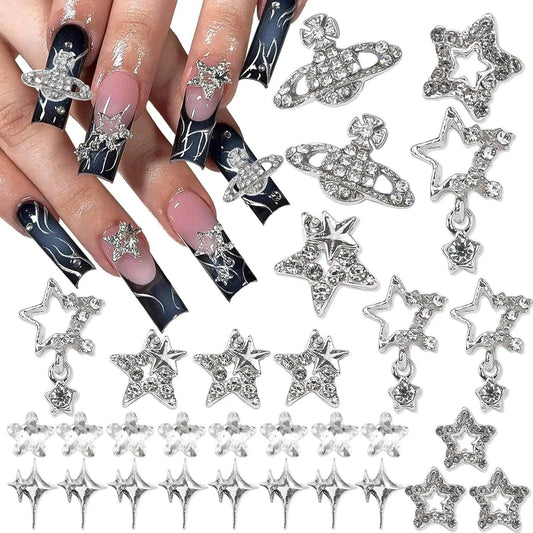 30PCS Silver Star Nail Charms 3D Planet Nail Art Charms Rhinestone Shiny Starlight Nail Jewelry Gems Y2K Charms for Acryl