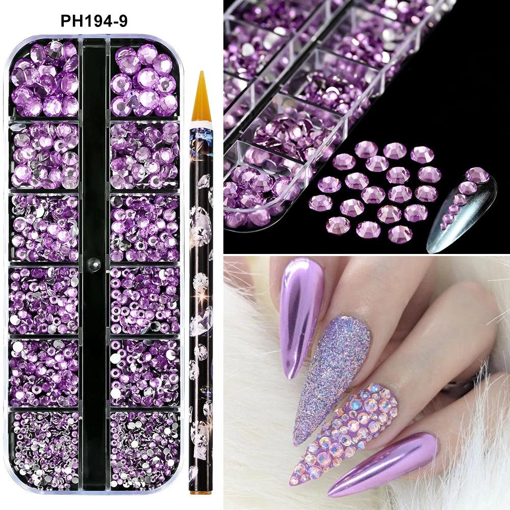 12Grids SS6-SS30 Mixed Nail Rhinestones Clear/Gold/AB Diamond Nail Gems  Flat-back Glass Stones Nail Charms with Wax Pen Picker