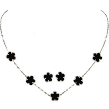 Double Sided Plant Flower Design Jewelry Set  for Women Girls Stainless Steel Elegant Clover Pendant Necklace Earrings Bracelet