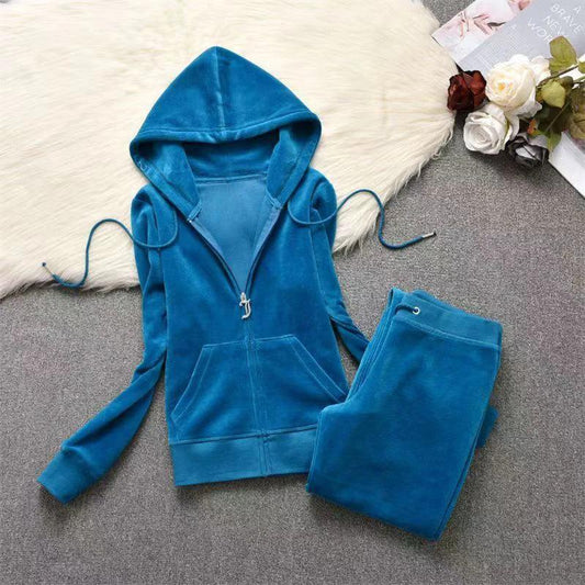 Y2K Velvet Tracksuit Women 2024 Spring/Fall Hooded Jacket and Pants Suit Two Piece Set Women's Outfit