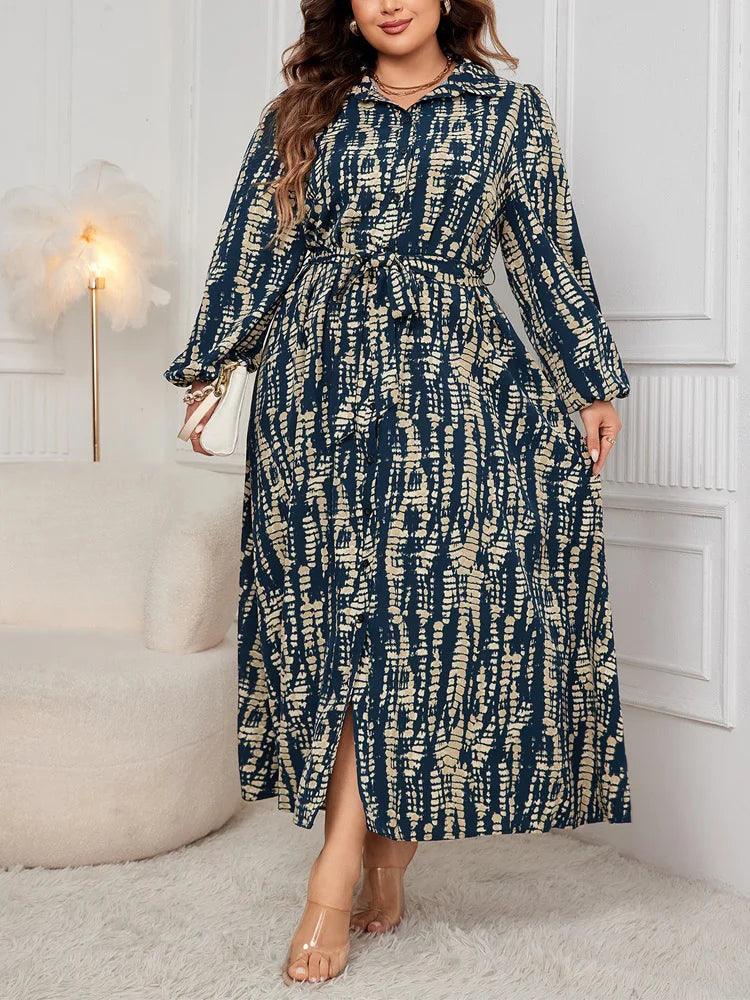 GIBSIE Plus Size Vintage Print Lantern Sleeve Belted Shirt Dress Women Autumn Polo Collar Button-up Casual Maxi A-Line Dresses