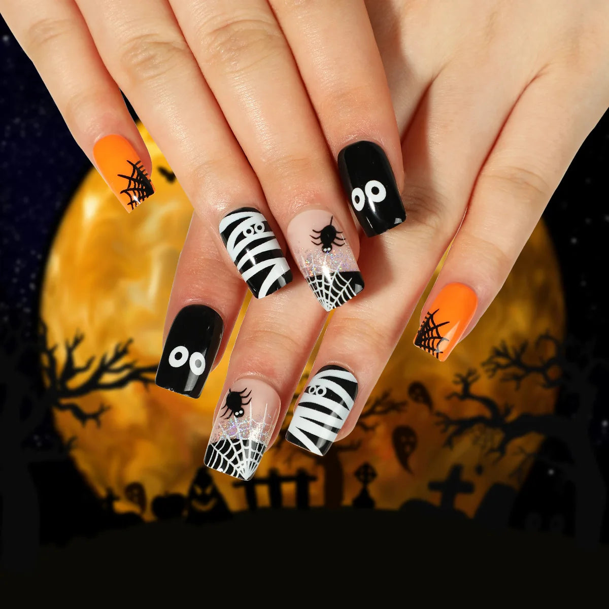 24P/Set Halloween Fake Nails Art Ghost Face Pumpkin Spooky Designer Girls Party Press on Nail Tips Wearable Stick on Nails False