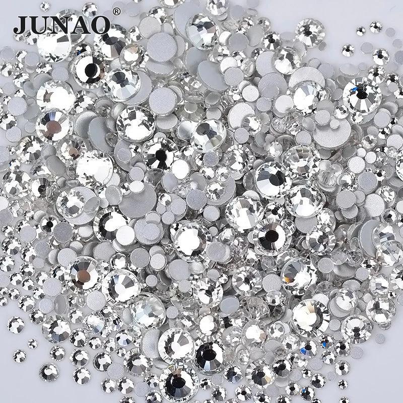 JUNAO 1400pc Mix Size White Opal Glass Rhinestones 3D Nail Art Stones Nail Crystal Gems Stickers Non Hot Fix Strass Appliques