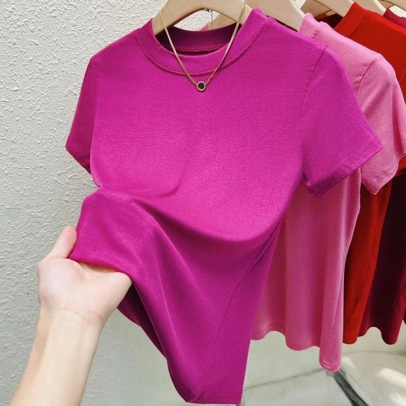 Crew Neck Fashion Women T Shirt Street Casual T-Shirt Solid Plus Size Top Tees Sexy Slim Summer Short Sleeve Women's Clothing