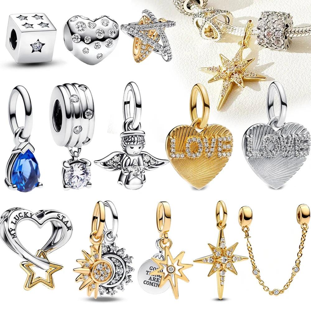 Sparkling Sterling Silver Lucky Crossover Star Heart Charm Fit Original Bracelets & Necklaces 925 Silver Bow Charm Jewelry DIY