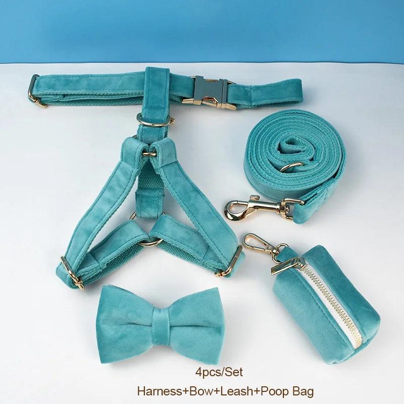 Turquoise Stone Velvet Dog Collar And Leash Set For Dogs Custom Engraved Nameplate Pet Supplies Dog Leash Velvet 40