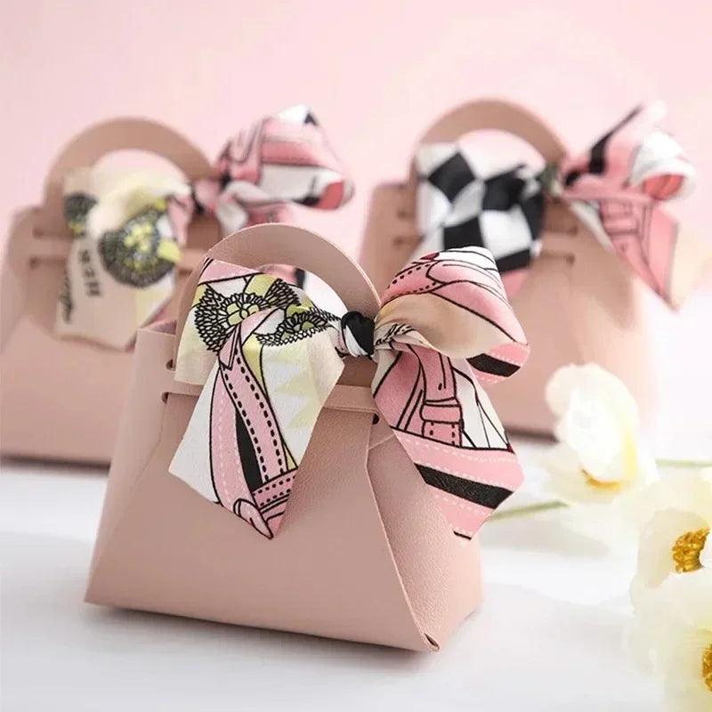 10PCS Distribute Leather Pink Gift Bags Wedding Favour Bag for Guest Mini Handbag with Ribbon Candy Packaging Box Party Decor