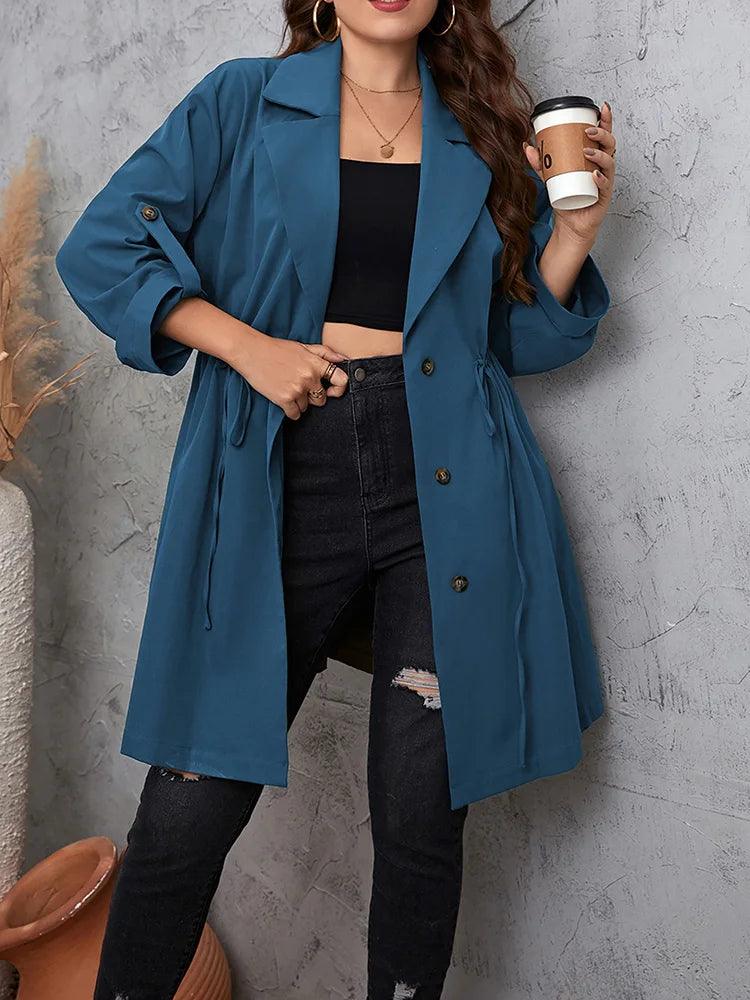 GIBSIE Plus Size Solid Notched Neck Trench Coat For Women 2023 Spring Fall Casual Drawstring Waist Female Buttons Long Coats