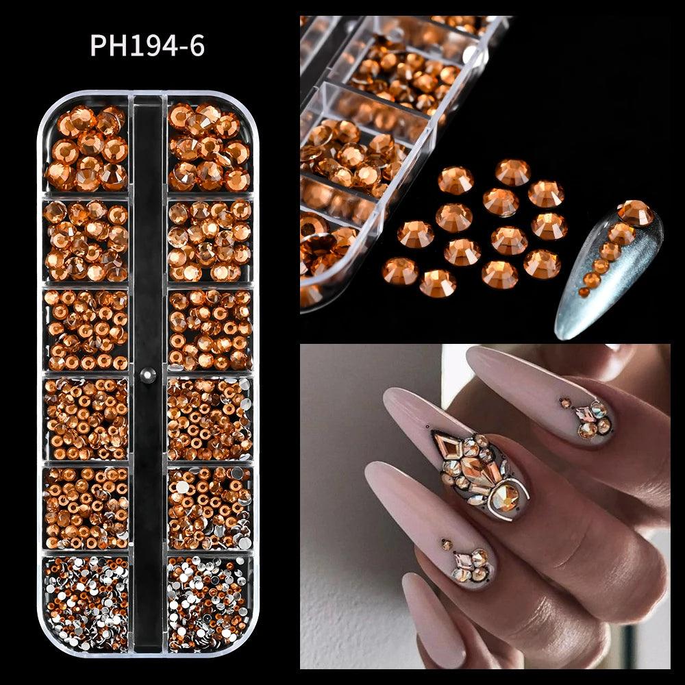 12Grids SS6-SS30 Mixed Nail Rhinestones Shiny Clear/Gold/Pink/Blue Diamond Flat-back Nail Gems Glass Stones Nails Decoration