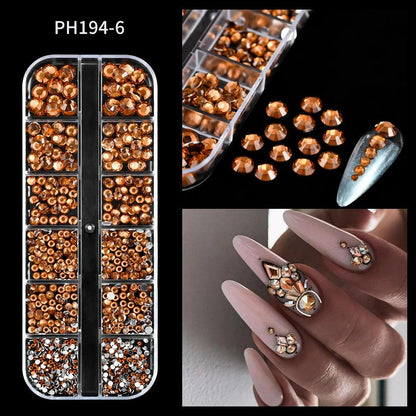 12Grids SS6-SS30 Mixed Nail Rhinestones Shiny Clear/Gold/Pink/Blue Diamond Flat-back Nail Gems Glass Stones Nails Decoration