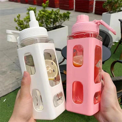 Kawaii Water Bottle With Straw 3D Cute Bear Sticker Bpa Free Plastic Square Sippy Cup Poratable Drinkware 700ml