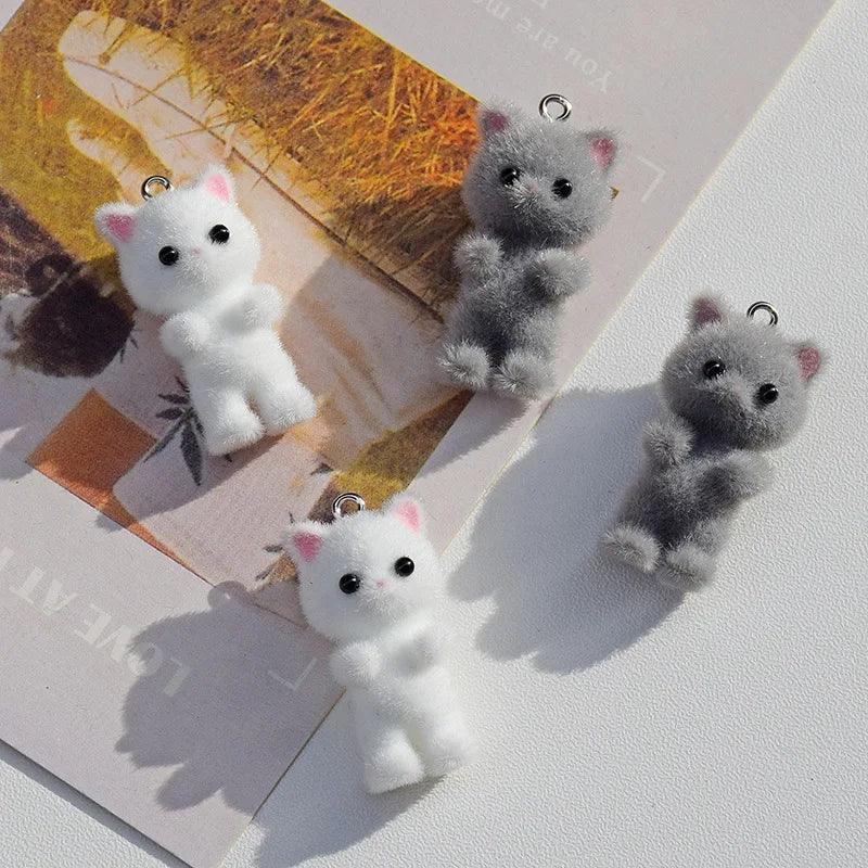 Kawaii 3D Fluffy Flocking Cat Animal Charms Miniature Dolls Keychain Necklace Pendant DIY Crafts Jewelry Make