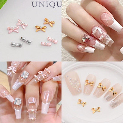 10PCS Ballet Dance Shoes Alloy Nail Charms Pink Kawaii Ribbon Pearl Bow Nail Jewelry French UV Polish Ballet Bows Manicure Parts