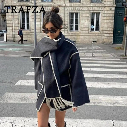 TRAFZA 2024 Women Autumn Winter Casual Zigzag Scarf Collar Jackets Fashion Loose Streetwear Elegant Demi-season Jacket For Women