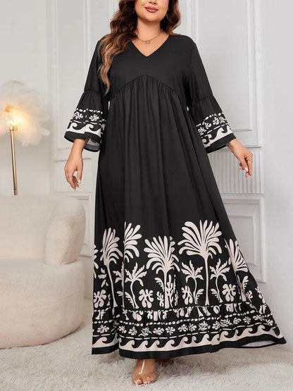 GIBSIE Plus Size Black 3/4 Flare Sleeve Loose Dress Women Spring Fall V-neck Printing Loose Casual Swing A-line Long Dress 2024