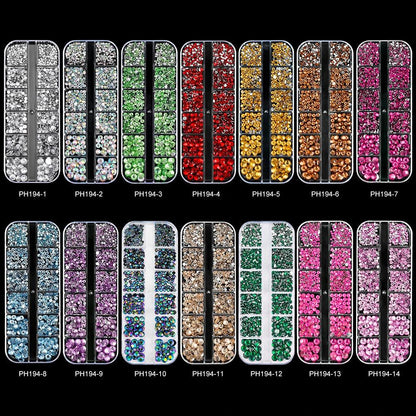 12Grids SS6-SS30 Mixed Nail Rhinestones Shiny Clear/Gold/Pink/Blue Diamond Flat-back Nail Gems Glass Stones Nails Decoration