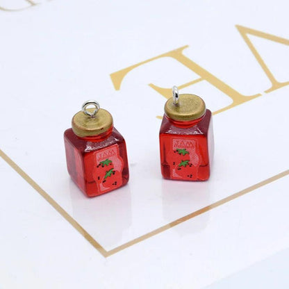 10pcs Mini Strawberry Jam Resin Charms Lovely Bread Flavoring Bottle Small Pendant DIY Chef Earring Keychain Cute Jewelry Make