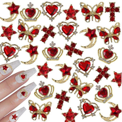 30Pcs Pink Nail Charms Alloy Rhinestones 3D Star Butterfly Heart Cross Gem Nails Crystal Diamond Nail Art Decoration Accessories