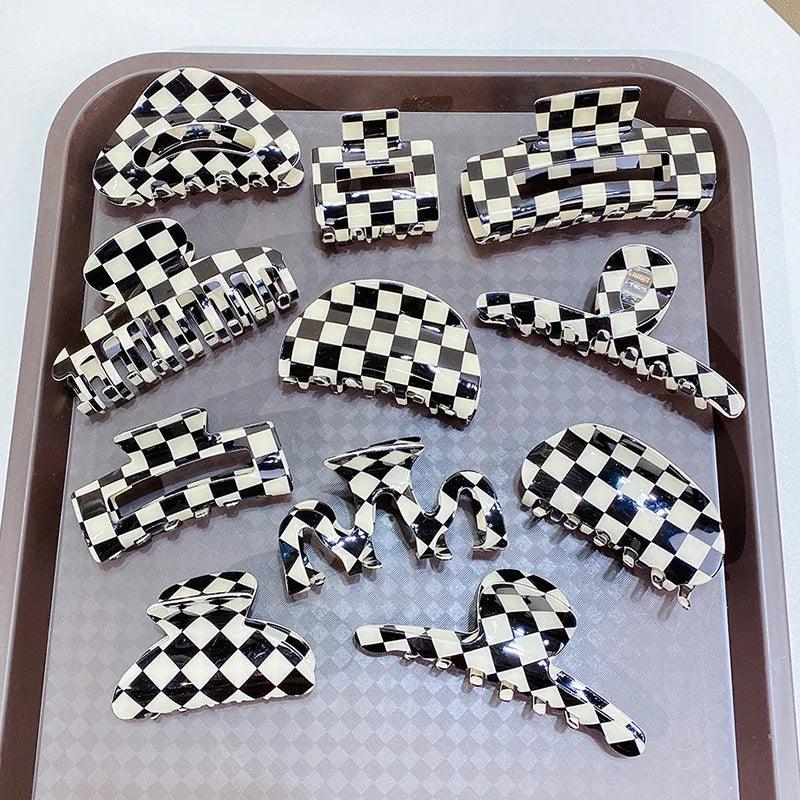 Vintage Women Girls Acrylic Checkered Hair Claw Shark Clip Geometric Grid Headband Hair Clips Hairpins Fashion Hair Accessories