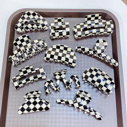 Vintage Women Girls Acrylic Checkered Hair Claw Shark Clip Geometric Grid Headband Hair Clips Hairpins Fashion Hair Accessories