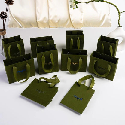 24Pcs Bulk Handmade Moss Green Paper Tote Bag Small Size Custom Logo Paper Packaging Bag with Handle for Beach Shopping Wedding