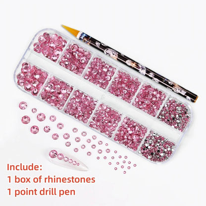 12Gird 3D Glass AB Crystal Nail Art Rhinestones Kit Flatback Round Bead Charm Gem Stones Jewelry Diamond with Tools for Nail Art