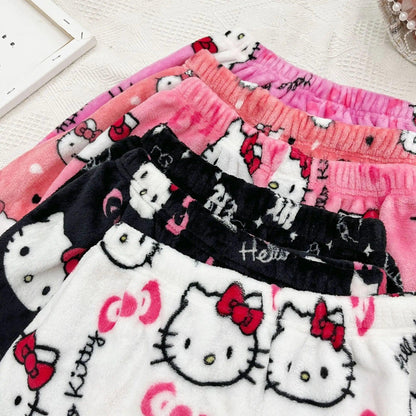 New Sanrio Hello Kitty Kuromi Summer Shorts Cartoon Casual Women's Coral Plush Elastic Soft Shorts Comfortable Home Shorts Gift